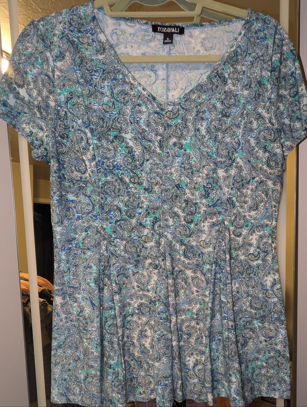 Roz & Ali Teal and Navy Paisley V-Neck Peplum Dress